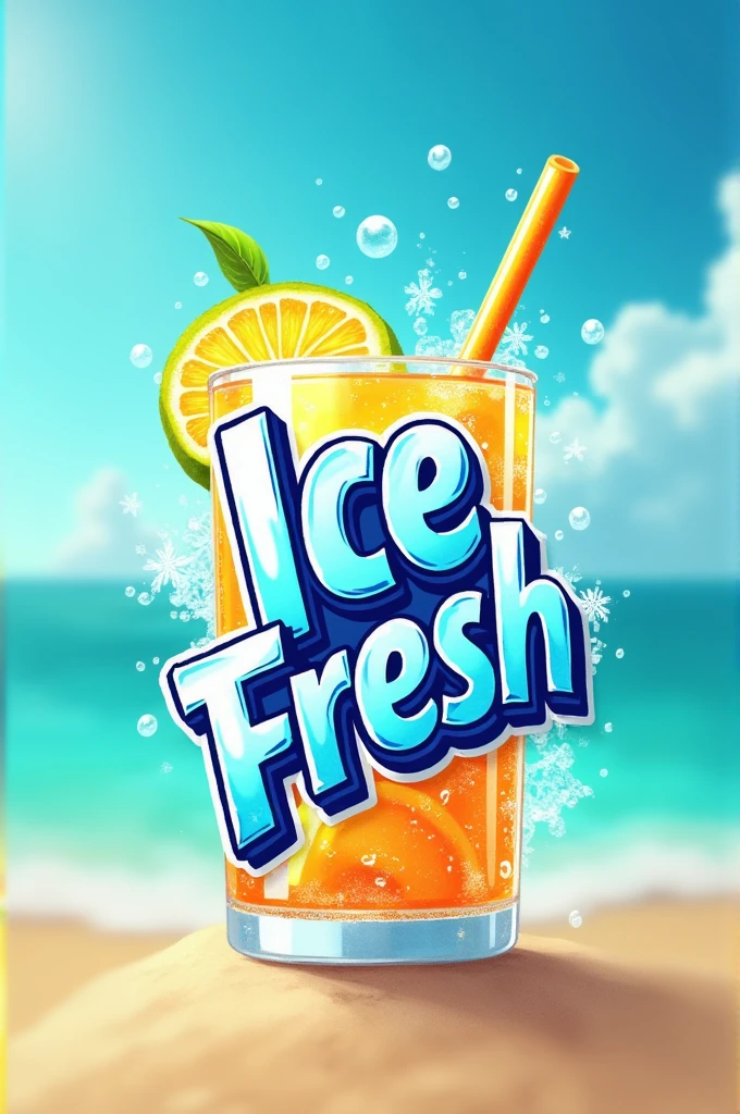 logo for refreshing drinks,carbonated with the name ice fresh ,with summer colors 