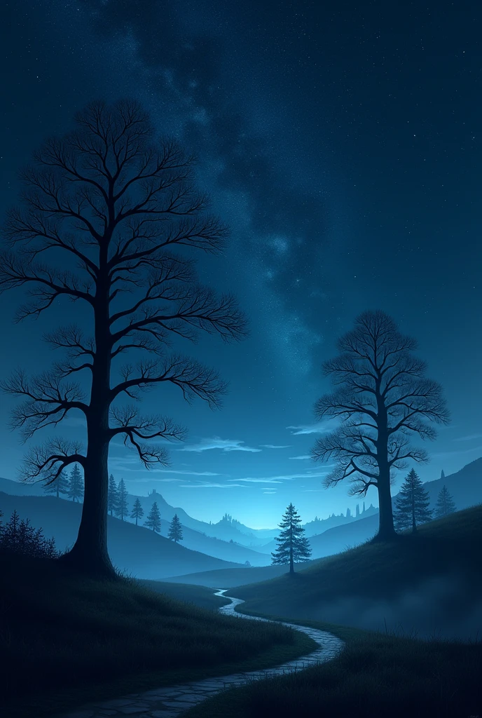 a starry night landscape with some trees without people and animals