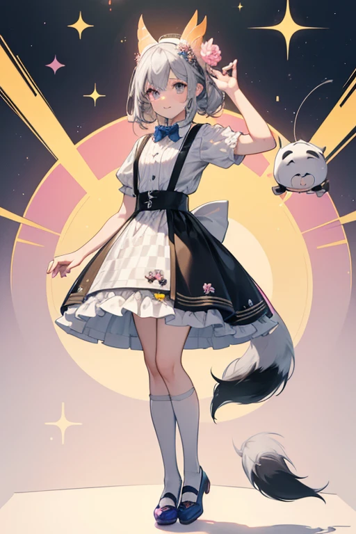 Sabella is a light grey skunk with black and white hair and tail. She stands at 4in tall.
She wears a salmon top with blue suspenders and has a checkered skirt with a flower design.
She comes with a yellow headpiece and pink shoes. SPARKLE; GLITTER