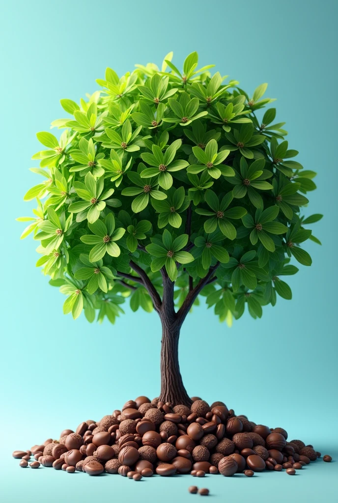 Leafy tree with green leaves on a blue background with lots of chocolates