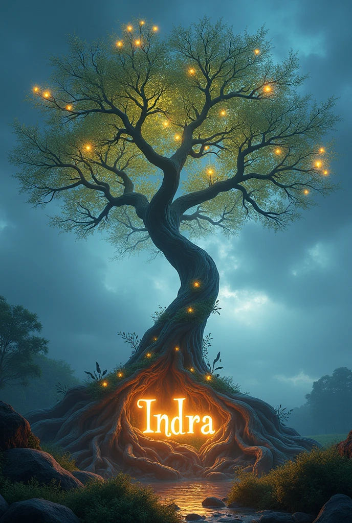 bright tree with flowers of light on the sides, near the roots in the center the word "indra" is written with luminous and sinuous letters