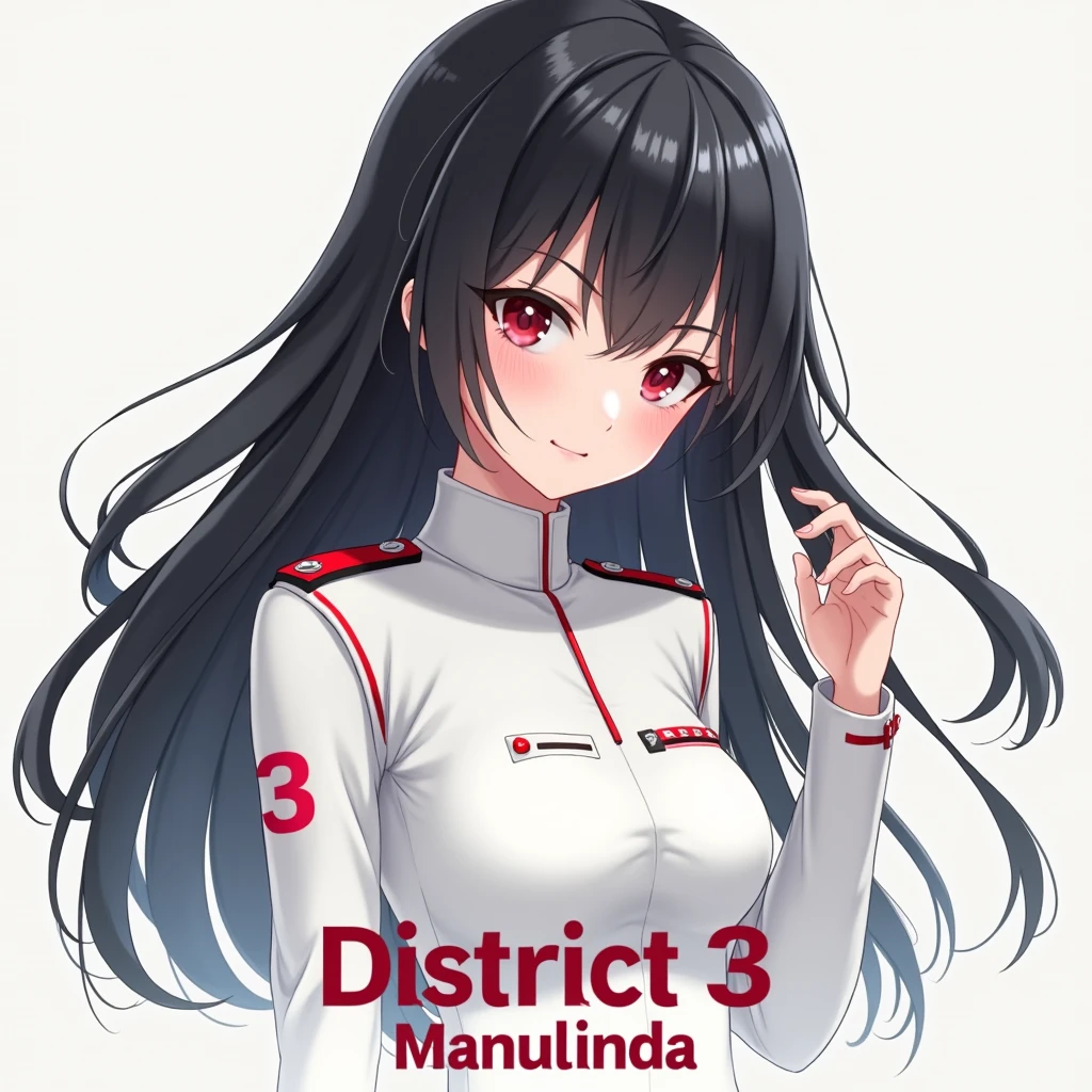 anime with long black hair, red details, with a white uniform saying district 3, and below district 3 write manulinda
