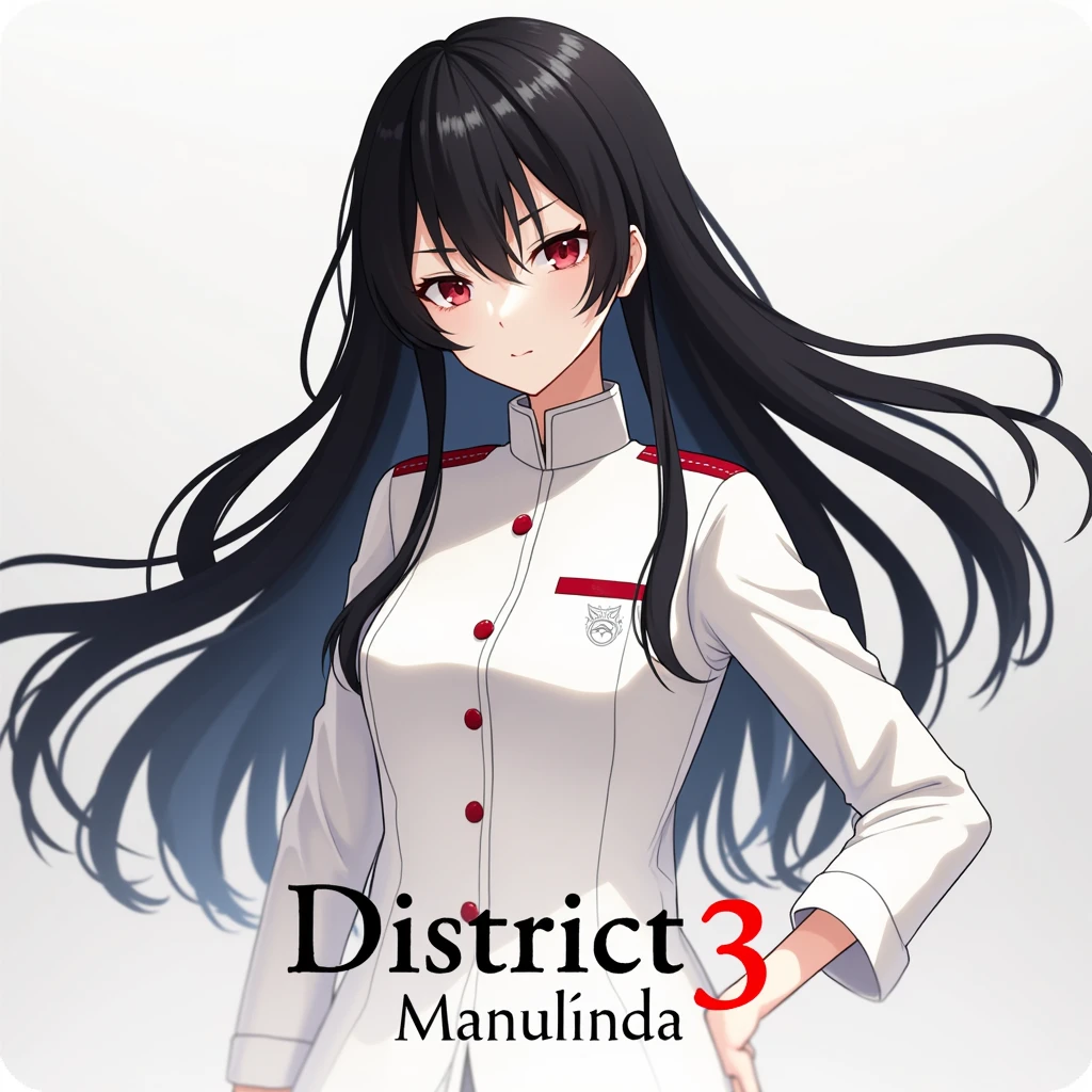 anime with long black hair, red details, with a white uniform saying district 3, and below district 3 write manulinda