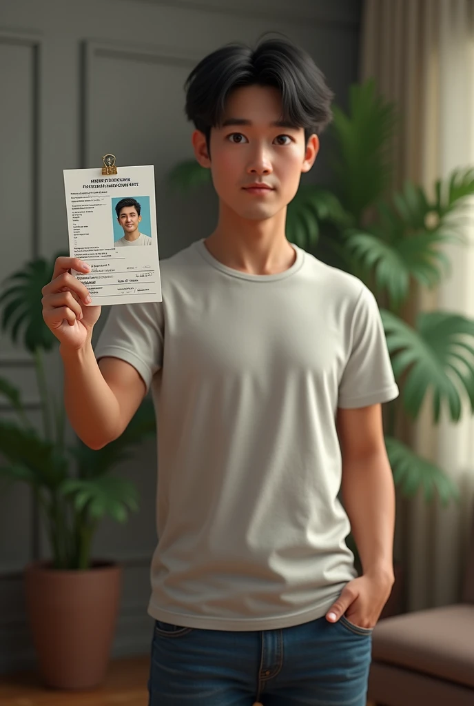 (photorealism:1.2), man, standing on livingroom, no windows, showing a personal ID on right hand, at shoulder level, wearing tshirt, jeans pants, black hair, indoors, plants in background, relaxed pose, realistic, intricate details