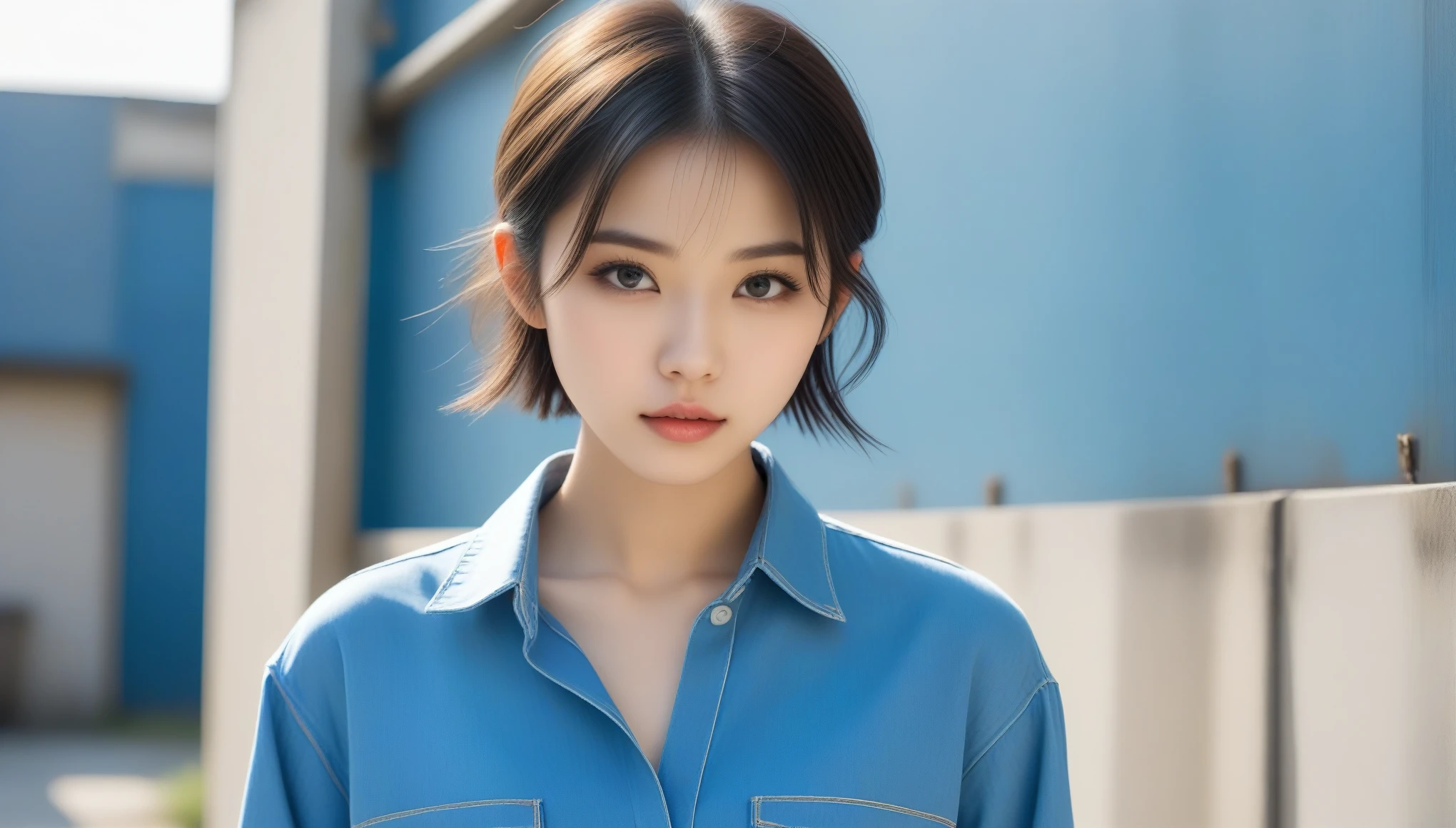8k, Ultra-high resolution, Highest quality, masterpiece, 三分割法によるphotograph,Surreal, photograph, 1 , (:1.3), cute, cute顔, 細部までBeautiful Eyes, 細かくdetailedに,masterpiece,One Girl:1.2,Japanese women,student,cowboy shot,glaring,Black short hair,messy hair,from side,(Denim shirt:1.3),Leaning against the wire mesh,Glare,Blue Collar,Factory wall,Bleach Bypass,(Beautiful attention to detail),Subtle details, detailedな顔,anger,Attractive eyes,(ポートレートphotograph:1.4),(Photorealistic images:1.4),Fantasy art,(Beautiful Face:1.4),美しくAttractive eyes、Beautiful Eyes,(Tight waist:1.4)、(Beautiful with perfect body proportions:1.4),Pink Lips,profile,(((Ideal body type))),A-cup small breasts :2,、Portraiture:2、Perfect Anatomy、鮮明なdetailed、detailed,Fashion magazine cover,Thin lips,完璧でBeautiful Face ,完璧でcute顔, Skin with attention to detail, Perfect limbs、Narrow waist,Surreal,Light and shadow,backlighting