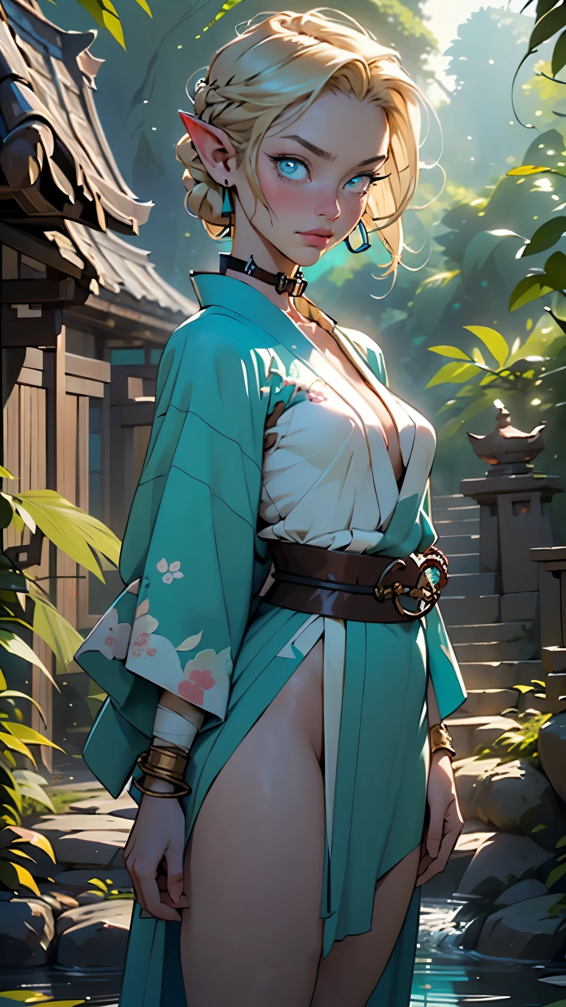 1girl,(1girl:1.5),((:1.5,teenager)),elf,(elf ears),(blonde archer),

,

((small breasts:1.4,fluffy breasts)),((blonde hair:1.5,short detailed hair,short blonde hair with a braid,braid adorned with white flowers)),(((turquoise_eyes:1.3))),intricate eyes,beautiful detailed eyes,symmetrical eyes,big eyes:1.5,((girl body,good anatomy,accurate body proportions,))),

happy,((nsfw)),cute,

(short turquoise kimono,half-naked kimono:1.5),((brown wolf fur coat)),(bandages on his hands),(moon earrings),(ornamental bandages on  arms),(((slave collar,Long chain leash connected to her collar,shackles))),(((intricate outfit,intricate clothes))),

(dynamic pose:1.0),embarrassed,(centered,scale to fit dimensions,Rule of thirds),

outdoors,(waterfall,bamboo,river,bamboo forest,japanese temple,red lanterns burning,temple in the forest,mossy stairway in the temple,dilapidated temple,bamboo sanctuary,),scenery,extremely scenery,(puddles everywhere,moss,moss on the background),clouds,lily pads,(sunset, golden hour),

(Glossy japan ornaments),highres,sharp focus,(ultra detailed,extremely detailed),(photorealistic artwork:1.37),(extremely detailed CG unity 8k wallpaper),(((vibrant colors,vibrant theme))),(intricate),(masterpiece),(best quality),artistic photography,(photography taken by sldr),(intricate background),perfect rendered face,perfect face details,realistic face,photo realistic,((intricate detail)),(((realism))),
