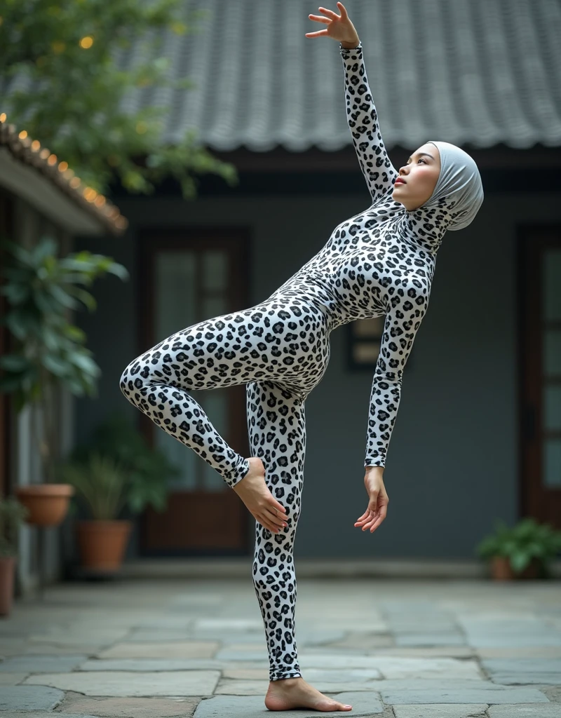 A most beautiful and thin 2 chinese contortion girl wearing a glasses wears white leopard Lycra turtleneck unitard catsuit covered with seamless black leopard paterns.She always wear Lycra dancewear hijab-like hood.She has beautiful cheeks on her face.She is take part for contortion performance.She performs contortion in the house.She is my pet.