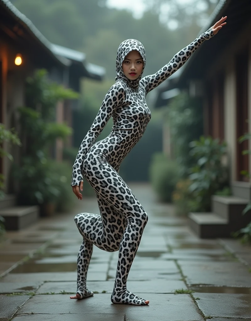 A most beautiful and thin 2 chinese contortion girl wearing a glasses wears white leopard Lycra turtleneck unitard catsuit covered with seamless black leopard paterns.She always wear Lycra dancewear hijab-like hood.She has beautiful cheeks on her face.She is take part for contortion performance.She performs contortion in the house.She is my pet.