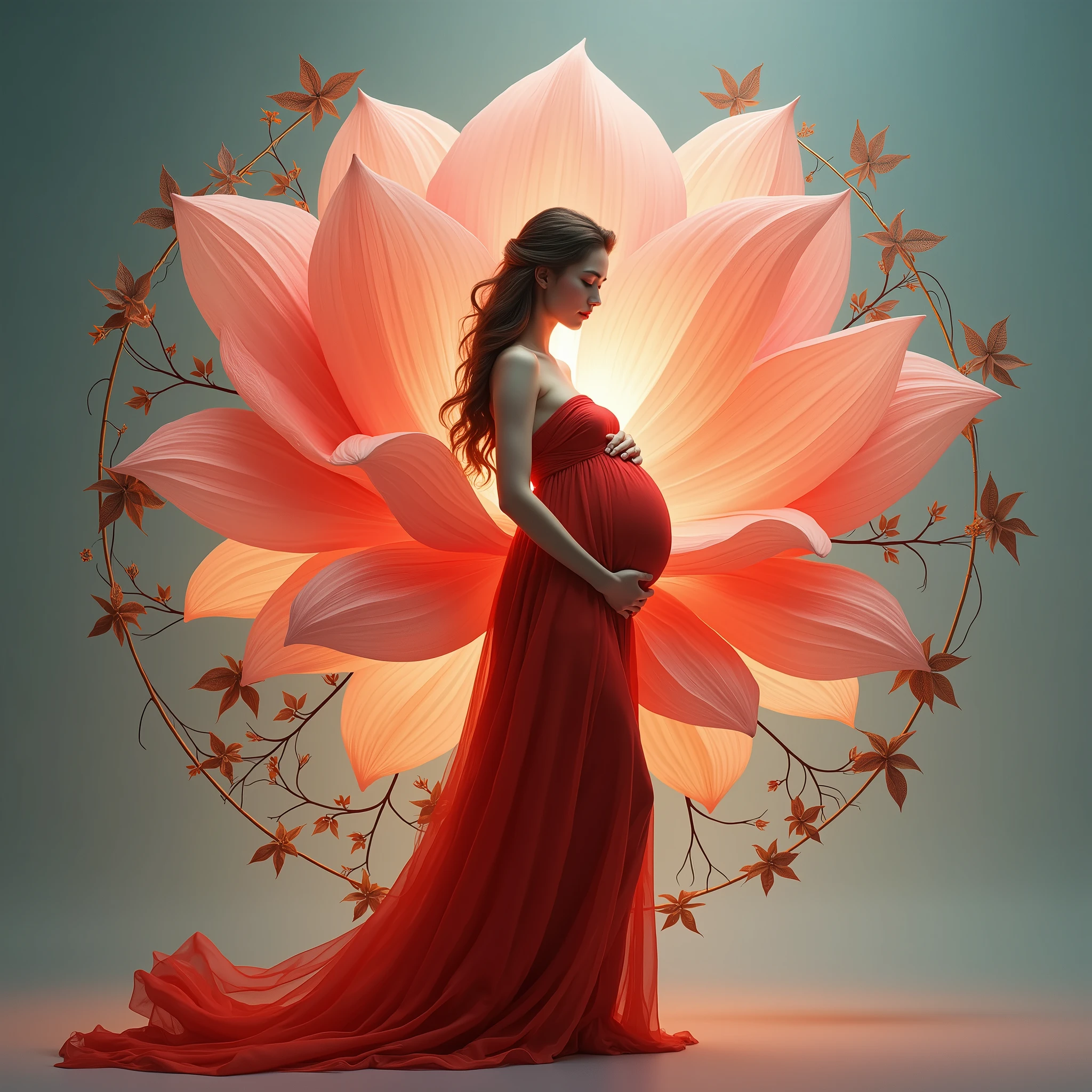pregnant woman in red dress standing in a large flower, digital art inspired by Igor Kieryluk, trending on cg society, digital art, maternal photography 4 k, perky woman made of petals, pregnant belly, stunning elegant pose, flower goddess, lady with glowing flowers dress, maternity feeling, dressed in a flower dress, photo manipulation, beautiful and graceful, pregnant, leaf flowing in air