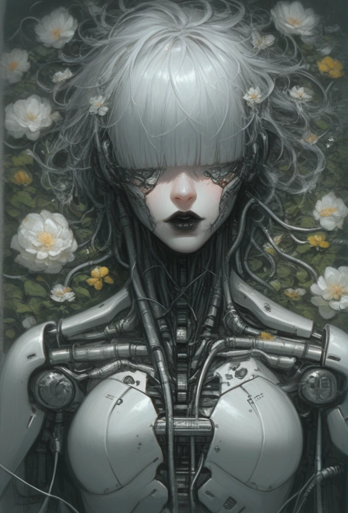 score_9, score_8_superior, score_7_superior, score_6_superior, score_5_superior, score_4_superior,   cr34tur3g0r3, One person, Flowers, cyborg, wire, broken, Gray Hair, Messy Hair, Hair covering the eyes, 目のsuperiorの髪, Blunt bangs, Black lipstick, Robot made from recycled materials