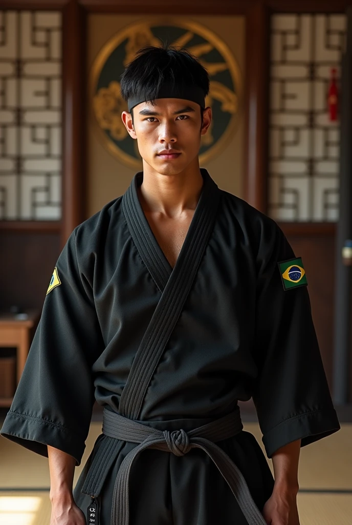 **Features for AI to generate a photo:**
(real-life)
aged 21, short black hair, he is very handsome, wearing a black Cobra Kai kimono and a black band on the forehead on the shoulder part of the kimono has a flag of 🇧🇷. he's brunette, and he is Brazilian 🇧🇷, has brown eyes. The background is a karate environment, like a dojo with tatami mats and traditional decor.