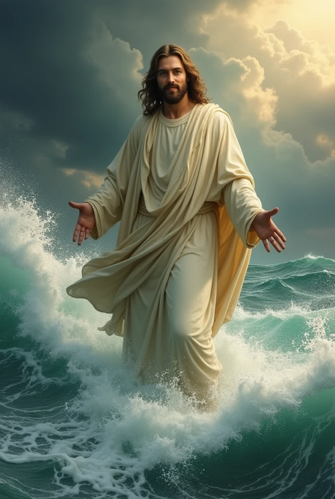 (photorealism:1.2), Jesus Christ, on the waters of the sea, dressed in a robe, in the middle of a storm, calm, smiling at me, looking at me, He is happy, directing his hand forward, inviting me to take his hand, flat to the knees, realistic, intricate details, warm colors, by Greg Rutkowski, by Alphonse Mucha