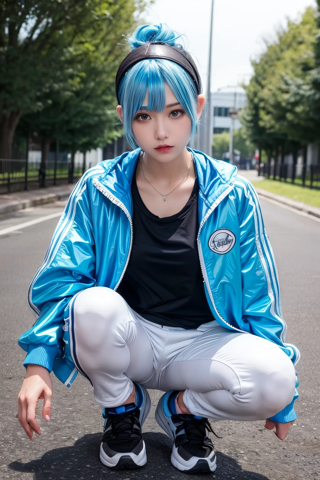 1girl, blue hair, white sweatband, short hair, sideburns, black shirt, white jacket, black pants, black sports shoes