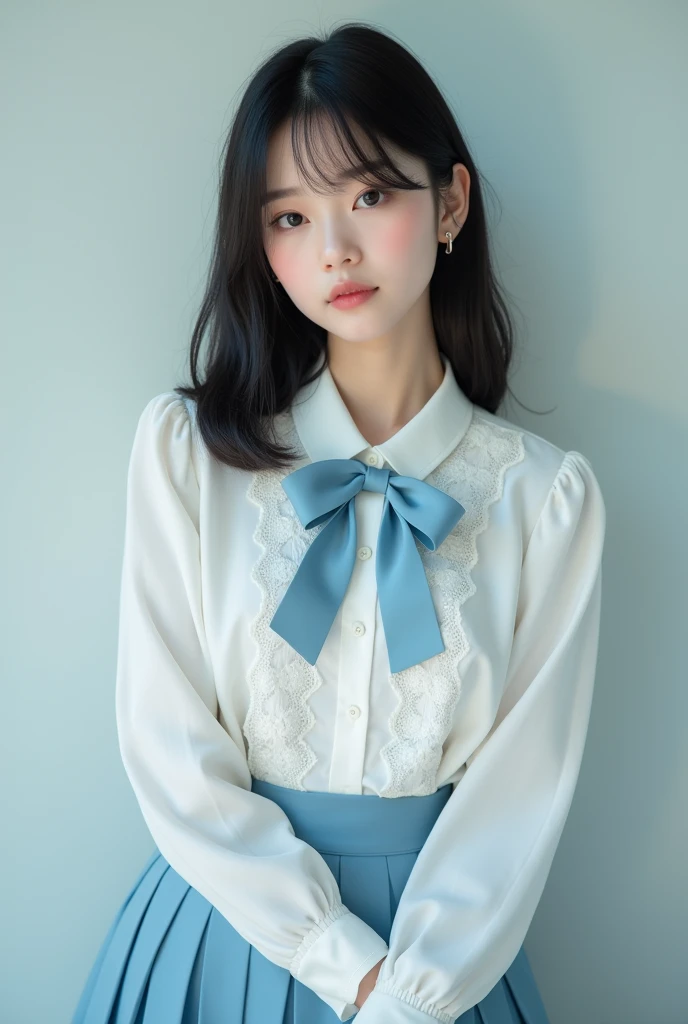There is a lady wearing a tie,Wearing a white shirt, short hair, Beautiful Korean woman, Korean Girl, Xuan Yunzhu, Cute Korean actress, Beautiful young Korean woman, Lee Ji-eun, Lee Ji-eun, xintong chen, Qi bangs hairstyle, 棕色short hair,With bangs, Beautiful young Korean woman, Cui Xianhua