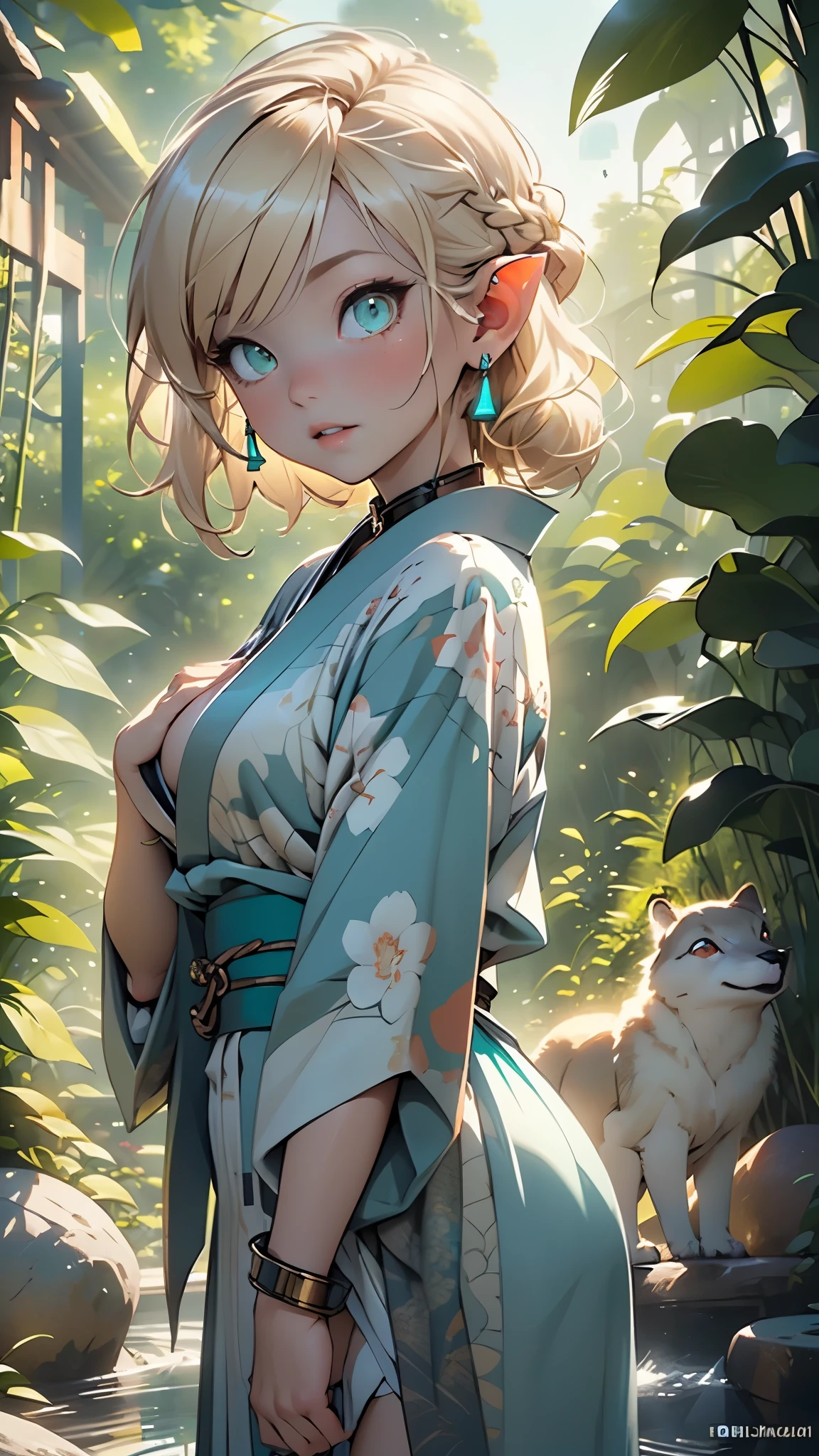 1girl,(1girl:1.5),((:1.5,teenager)),elf,(elf ears),(blonde archer),
,
((small breasts:1.4,fluffy breasts)),((blonde hair:1.5,short detailed hair,short blonde hair with a braid,braid adorned with white flowers)),(((turquoise_eyes:1.3))),intricate eyes,beautiful detailed eyes,symmetrical eyes,big eyes:1.5,((girl body,good anatomy,accurate body proportions,))),
happy,((nsfw)),cute,
(short turquoise kimono,half-naked kimono:1.5),((brown wolf fur coat)),(bandages on his hands),(moon earrings),(ornamental bandages on arms),(((slave collar,Long chain leash connected to her collar,shackles))),(((intricate outfit,intricate clothes))),
(dynamic pose:1.0),embarrassed,(centered,scale to fit dimensions,Rule of thirds),
outdoors,(waterfall,bamboo,river,bamboo forest,japanese temple,red lanterns burning,temple in the forest,mossy stairway in the temple,dilapidated temple,bamboo sanctuary,),scenery,extremely scenery,(puddles everywhere,moss,moss on the background),clouds,lily pads,(sunset, golden hour),
(Glossy japan ornaments),highres,sharp focus,(ultra detailed,extremely detailed),(photorealistic artwork:1.37),(extremely detailed CG unity 8k wallpaper),(((vibrant colors,vibrant theme))),(intricate),(masterpiece),(best quality),artistic photography,(photography taken by sldr),(intricate background),perfect rendered face,perfect face details,realistic face,photo realistic,((intricate detail)),(((realism))),