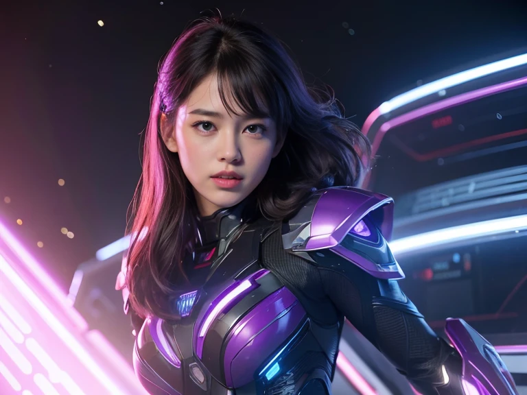 (RAW Photos, Highest quality), (Realistic, Photorealistic:1.3), 1 person、Realisticbody、Purple battle costume、Meteor warrior flying from space、Fight against the octopus aliens、Octopus、Shielded Reflector Laser、smile、