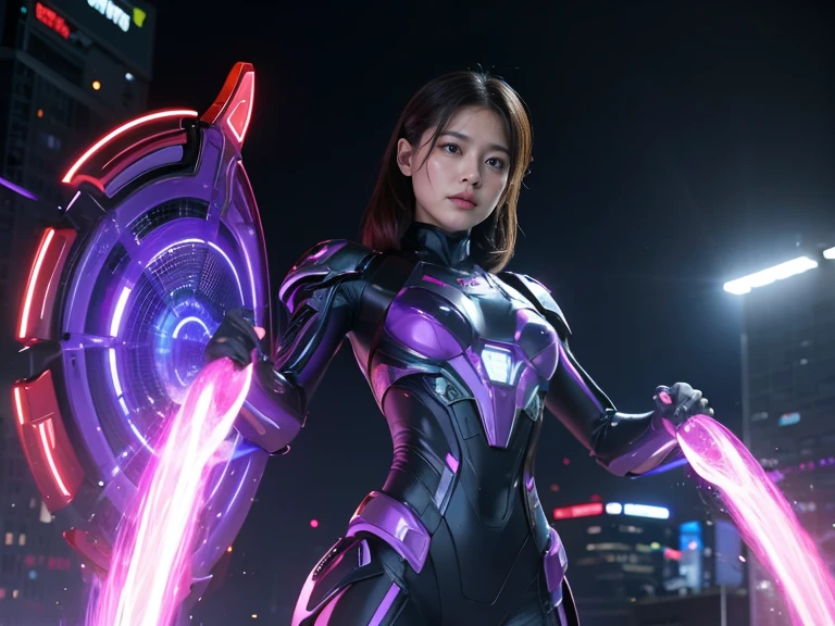 (RAW Photos, Highest quality), (Realistic, Photorealistic:1.3), 1 person、Realisticbody、Purple battle costume、Meteor warrior flying from space、Fight against the octopus aliens、Octopus、Shielded Reflector Laser、smile、