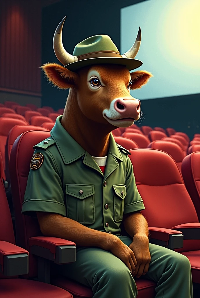 Drawing of a bull with a scout hat and green uniform watching a movie in a cinema