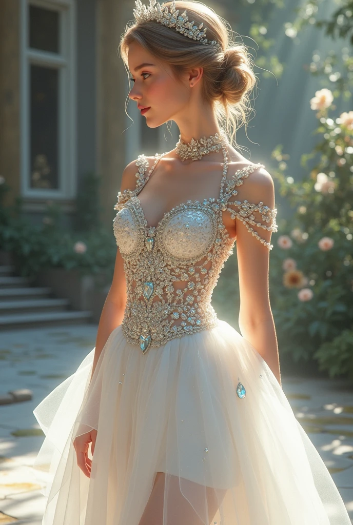 Princess in a short white dress with extravagant pieces of crystals
