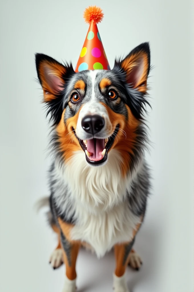 An Australian Shepherd wearing a party hat staring into the camera