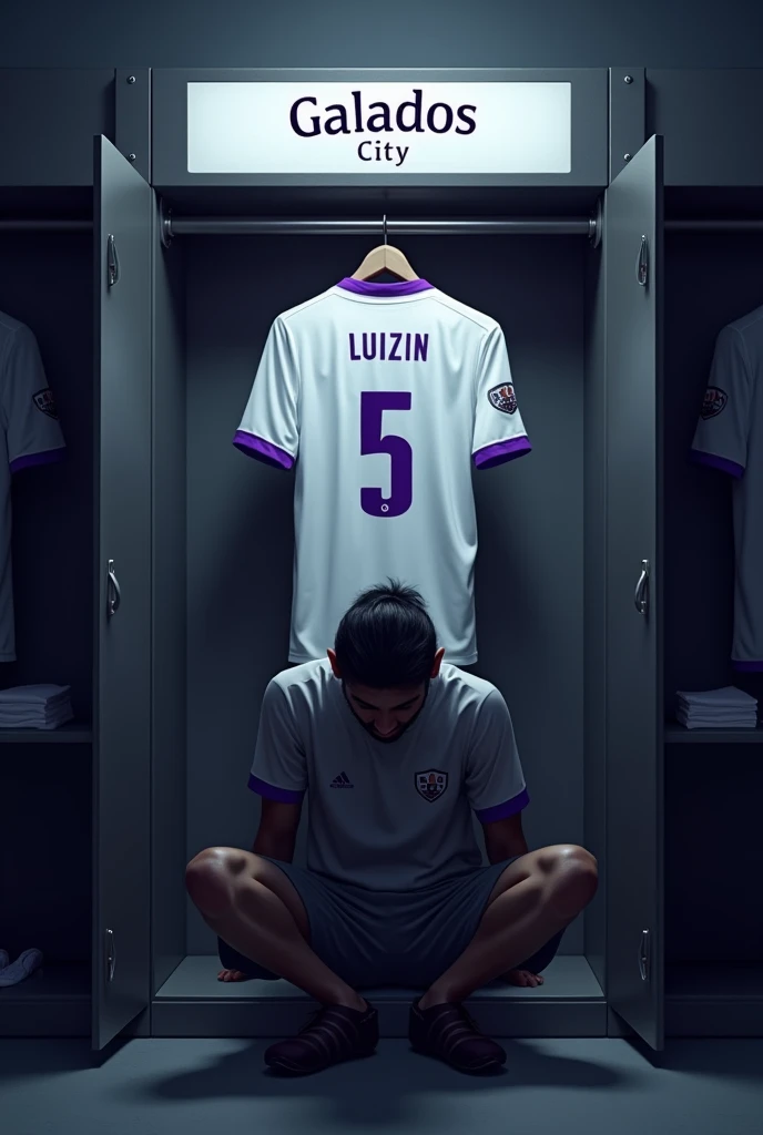 football locker room with a football player's cabin in this cabin there will be a white shirt with purple details (minimalists) on the collar and at the tip of the sleeve the shirt must be showing the back with the name LUIZIN highlighted and the shirt number must be number 5, the cabin at the top must contain the name of the club which is GALADOS CITY, all ambient light must be off, only the light of the sign with the name GALADOS CITY and a low light above the shirt indicating prominence must be on, and other shirts on the side.The image should be centered and not too far away) and the player with slightly dark skin, short straight black hair and a beard showing that he cares about the current fashion style must be wearing pre-game clothes different from the shirt that is hanging in the locker room, the one he is wearing is gray with purple details on the sleeve and collar of the shirt and on the shorts, the player in the image must be on his knees with his head down (indicating pre-game concentration)
