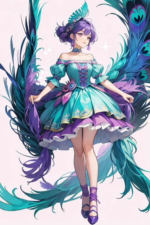 Piera is a light teal peacock with purple hair and feathers. She stands at 4in tall.
She wears a blue top with laces and has a pink skirt with a feather design.
She comes with a plum headpiece and purple shoes. SPARKLE; GLITTER