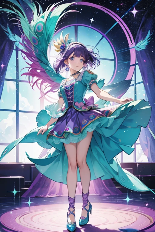 Piera is a light teal peacock with purple hair and feathers. She stands at 4in tall.
She wears a blue top with laces and has a pink skirt with a feather design.
She comes with a plum headpiece and purple shoes. SPARKLE; GLITTER