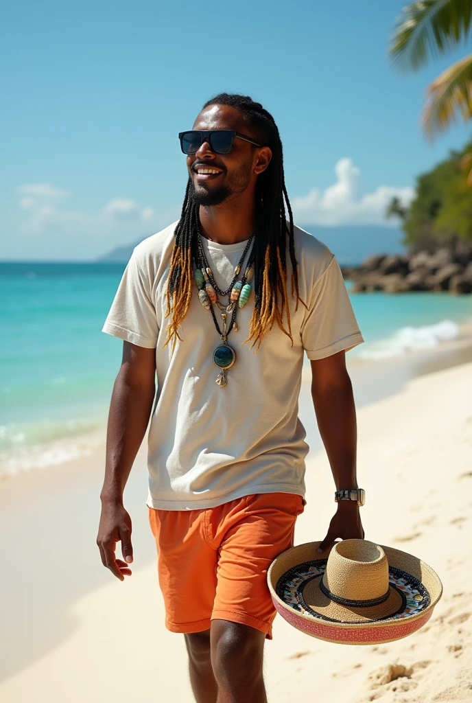 create the image of close-up of a street vendor on a beach in Venezuela. The vendor is a white American man, descendant of Spanish Canarians, with a builtfat type of body, he is a bit fat, he has slim arms, a product of sun and exercise. His face shape is rectangle type. His long, thick , straight black hair is delicately braided and adorned with fine yellow highlights that contrast with his tanned skin. His hairline type is rectangular shaped. He doesn´t have facial hair . His eyes are protected by modern sunglasses, which give him a relaxed and carefree air. His clothing is casual and summery: beach shorts that reveal his thick and slightly muscular legs and a loose t-shirt, ideal for the tropical climate. His appearance conveys positive energy and a relaxed lifestyle. The colorful braids and handmade accessories complement his bohemian look and connected with nature. He is around 30 years old, he is an extroverted person, with a free and adventurous spirit. His job as a seller of handmade jewelry suggests an artistic sensibility and a deep respect for nature, since his products are made with organic materials such as snails. The place where he sells is a paradisiacal beach, with fine white sand, the turquoise sea stretching to the horizon. The sun shines brightly, creating a warm and welcoming atmosphere. A gentle sea breeze caresses the skin and the sound of the waves breaking on the shore accompanies the scene. The seller walks at a leisurely pace along the shore of the beach, leaving footprints in the sand. His bare feet feel the soft texture of the sand as he looks out to sea. In one hand he carries a colorful tray with his handmade creations, necklaces and shell bracelets, which he proudly displays to potential buyers. His other hand gently swings a straw hat, which protects his face from the sun. Tourists strolling along the beach are attracted by his unique and original products, stopping to admire his creations and chat with the seller.