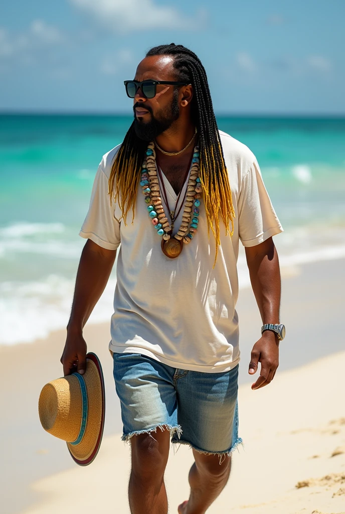 create the image of close-up of a street vendor on a beach in Venezuela. The vendor is a white American man, descendant of Spanish Canarians, with a builtfat type of body, he is a bit fat, he has slim arms, a product of sun and exercise. His face shape is rectangle type. His long, thick , straight black hair is delicately braided and adorned with fine yellow highlights that contrast with his tanned skin. His hairline type is rectangular shaped. He doesn´t have facial hair . His eyes are protected by modern sunglasses, which give him a relaxed and carefree air. His clothing is casual and summery: beach shorts that reveal his thick and slightly muscular legs and a loose t-shirt, ideal for the tropical climate. His appearance conveys positive energy and a relaxed lifestyle. The colorful braids and handmade accessories complement his bohemian look and connected with nature. He is around 30 years old, he is an extroverted person, with a free and adventurous spirit. His job as a seller of handmade jewelry suggests an artistic sensibility and a deep respect for nature, since his products are made with organic materials such as snails. The place where he sells is a paradisiacal beach, with fine white sand, the turquoise sea stretching to the horizon. The sun shines brightly, creating a warm and welcoming atmosphere. A gentle sea breeze caresses the skin and the sound of the waves breaking on the shore accompanies the scene. The seller walks at a leisurely pace along the shore of the beach, leaving footprints in the sand. His bare feet feel the soft texture of the sand as he looks out to sea. In one hand he carries a colorful tray with his handmade creations, necklaces and shell bracelets, which he proudly displays to potential buyers. His other hand gently swings a straw hat, which protects his face from the sun. Tourists strolling along the beach are attracted by his unique and original products, stopping to admire his creations and chat with the seller.