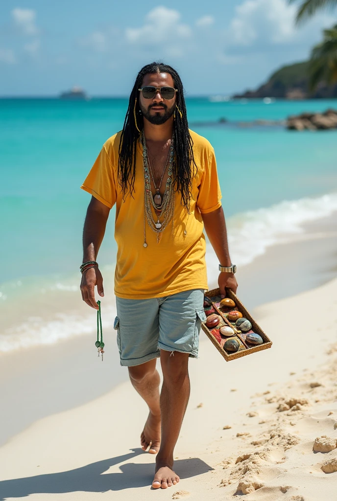 create the image of close-up of a street vendor on a beach in Venezuela. The vendor is a white American man, descendant of Spanish Canarians, with a builtfat type of body, he is a bit fat, he has slim arms, a product of sun and exercise. His face shape is rectangle type. His long, thick , straight black hair is delicately braided and adorned with fine yellow highlights that contrast with his tanned skin. His hairline type is rectangular shaped. He doesn´t have facial hair . His eyes are protected by modern sunglasses, which give him a relaxed and carefree air. His clothing is casual and summery: beach shorts that reveal his thick and slightly muscular legs and a loose t-shirt, ideal for the tropical climate. His appearance conveys positive energy and a relaxed lifestyle. The colorful braids and handmade accessories complement his bohemian look and connected with nature. He is around 30 years old, he is an extroverted person, with a free and adventurous spirit. His job as a seller of handmade jewelry suggests an artistic sensibility and a deep respect for nature, since his products are made with organic materials such as snails. The place where he sells is a paradisiacal beach, with fine white sand, the turquoise sea stretching to the horizon. The sun shines brightly, creating a warm and welcoming atmosphere. A gentle sea breeze caresses the skin and the sound of the waves breaking on the shore accompanies the scene. The seller walks at a leisurely pace along the shore of the beach, leaving footprints in the sand. His bare feet feel the soft texture of the sand as he looks out to sea. In one hand he carries a colorful tray with his handmade creations, necklaces and shell bracelets, which he proudly displays to potential buyers. His other hand gently swings a straw hat, which protects his face from the sun. Tourists strolling along the beach are attracted by his unique and original products, stopping to admire his creations and chat with the seller.