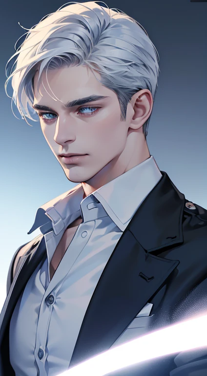 (best quality, masterpiece, 8K, photorealistic, cinematic lighting, 1:4 hdr image, ultra detailed, beautiful image), a mature man, 34 years very handsome, ((cold expression)), short white hair, blue eyes, face perfect without mistakes, ((buttoning his jacket, CEO))