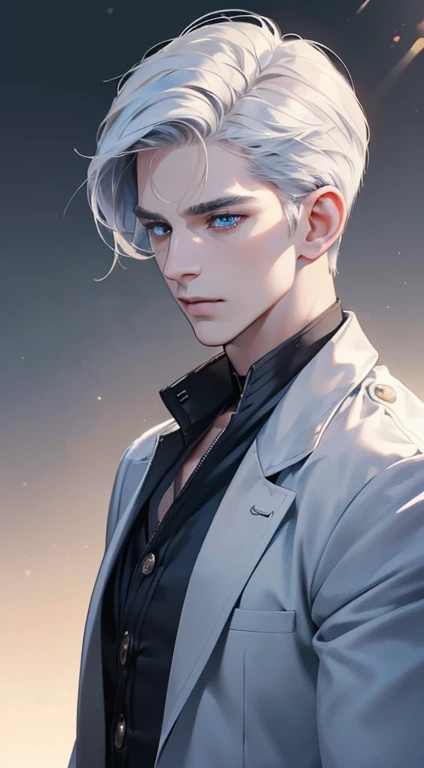 (best quality, masterpiece, 8K, photorealistic, cinematic lighting, 1:4 hdr image, ultra detailed, beautiful image), a mature man, 34 years very handsome, ((cold expression)), short white hair, blue eyes, face perfect without mistakes, ((buttoning his jacket, CEO))