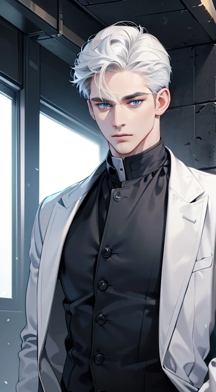(best quality, masterpiece, 8K, photorealistic, cinematic lighting, 1:4 hdr image, ultra detailed, beautiful image), a mature man, 34 years very handsome, ((cold expression)), short white hair, blue eyes, face perfect without mistakes, ((buttoning his jacket, CEO))