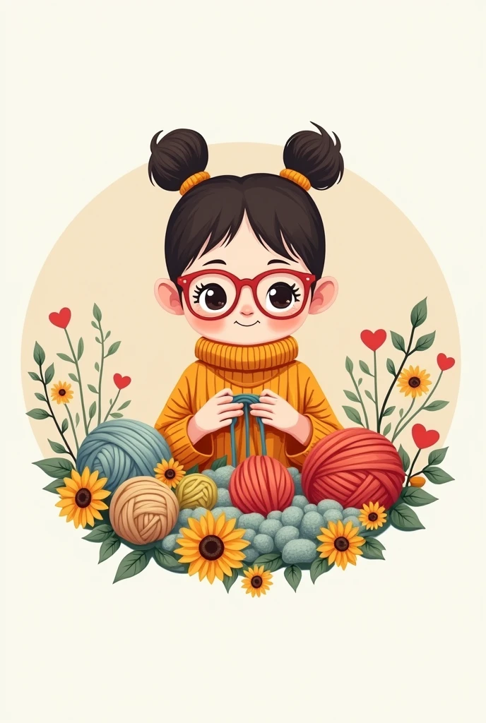 Logo in circular shape, that bears the name of Pelucitas Maseg, that has a kawaii girl with glasses knitting, some details of fabric or kawaii wool, a small detail of sunflowers 