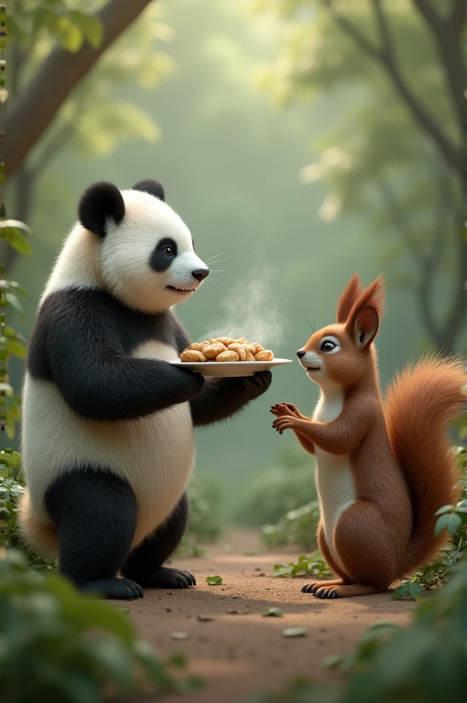 Panda trying to melting the anger of squirrel or trying to calm down squirrel by his activities and by holding a plate of hot tasty momos and the squirrel is looking another side in angry mood