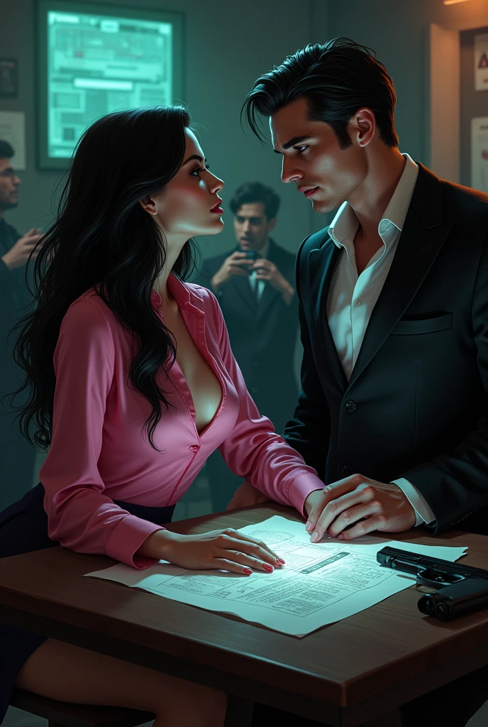 Dark basement a table full of papers and hologram. She: long black hair, pink silk shirt, green eyes, voluptuous body. Explain with passion, while he, in a black suit and a lascivious look, He watches her enraptured. He: short hair, grey eyes, strong jaw, muscled body. around, Three men plan a crime, but he only has eyes for her. A gun on the table and a crime board on the wall