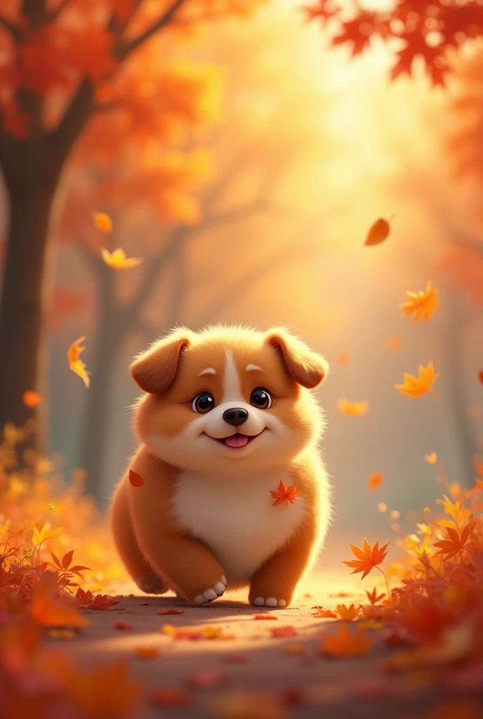 A cute, round, chubby dog walking around。autumn leaves。