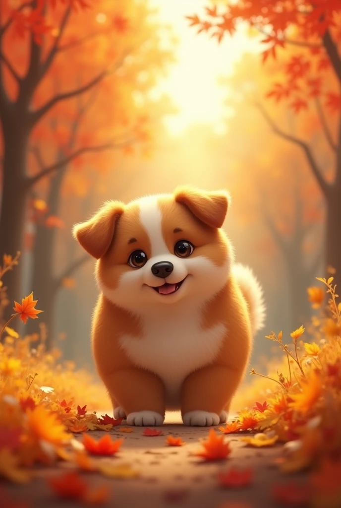 A cute, round, chubby dog walking around。autumn leaves。