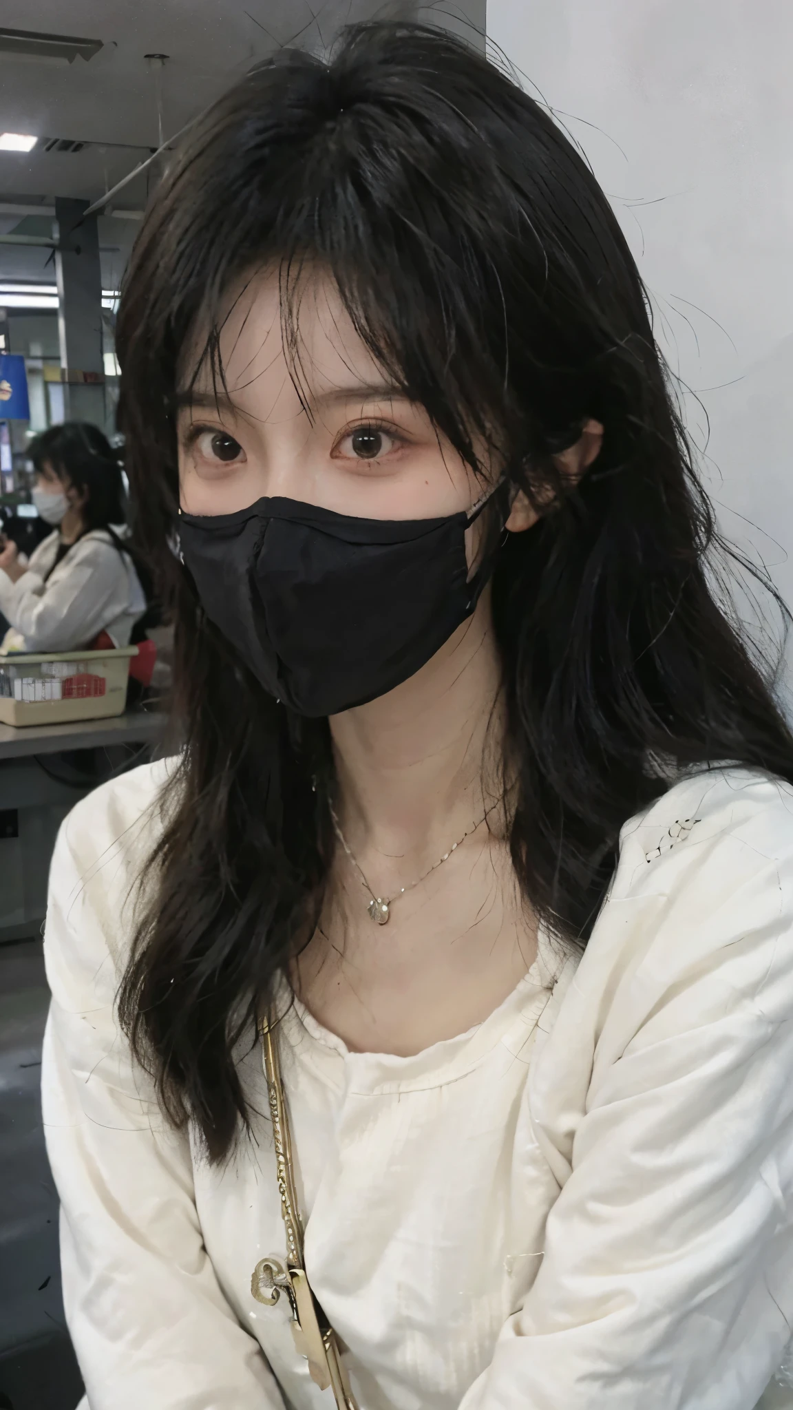 黑色wear mask，Best quality，黑色wear mask，Ultra-high resolution，(Reality:1.4)，（黑色wear mask:1.4），Cute hairpins，girll，Cropped black sweater，wear mask，Look directly at the audience，Full of atmosphere，Beautiful woman with a slim figure:1.4，黑色wear mask，supermarket，whole body，Super delicate face，Exquisite eyes，Double eyelids，necklace，黑色wear mask，