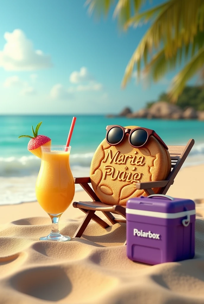 An embossed cookie has Maria Puig written on it, sitting on the beach in a chair with sunglasses on, next to it is a piña colada, next to it is a purple cooler and has polarbox written on it