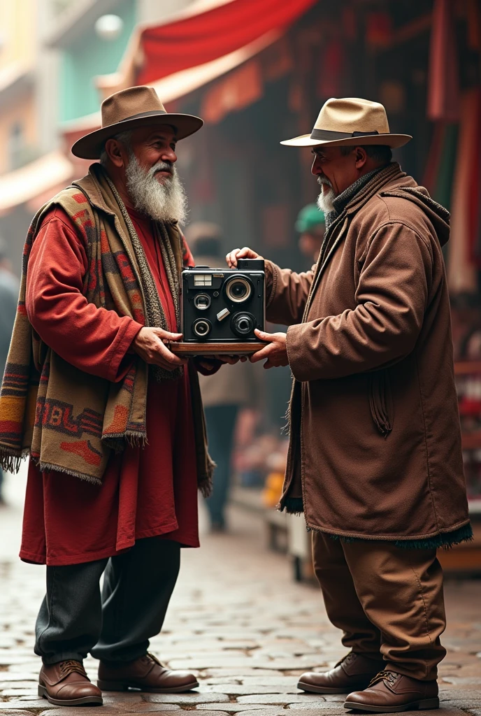Draw a Peruvian selling Super 8 to Mr..BEAST
