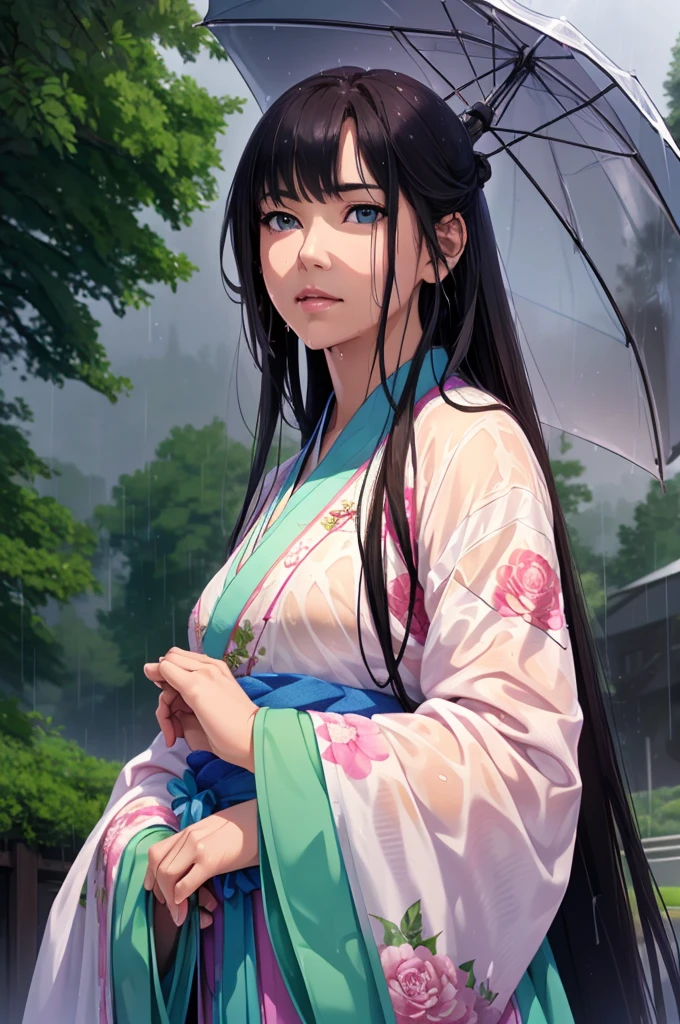 Heavy rain background、Field、in the forest、Walking in the river、On the run、In the fog、war (Highest quality,4K,8k,High resolution,masterpiece:1.2), Very detailed, (Realistic,Realistic,Realistic:1.37), High resolution, Hyper HD, Studio Lighting, Ultra-fine painting, Sharp focus, Physically Based Rendering, Very detailed説明, Professional, Vibrant colors, Bokeh, Sports Late Night, Ancient War Landscapes, Traditional Chinese Painting Techniques, Atmospheric lighting, Vivid color contrast, Ethereal atmosphere,Very detailed目と顔, Beautiful attention to detail, Light on the face,豪華なHanfu (Hanfu: 1.1),My whole body is wet、My clothes are wet and transparent、Nipples are visible、The nipples are pale pink、Dynamic pose、Rain clouds spreading across the sky、Heavy rain weather、Pouring rain、Wind and rain storm、((Soaked skin from head to toe))、((Rain-soaked clothes(Rain dripping from clothes))、((The lines of your body are clearly visible through your wet clothes...))、、Green Eyes、Tired look、Disheveled clothing、Slim figure、Small breasts