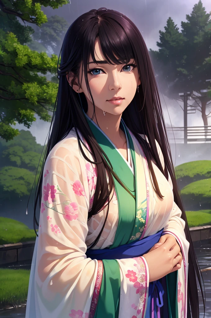 Heavy rain background、Field、in the forest、Walking in the river、On the run、In the fog、war (Highest quality,4K,8k,High resolution,masterpiece:1.2), Very detailed, (Realistic,Realistic,Realistic:1.37), High resolution, Hyper HD, Studio Lighting, Ultra-fine painting, Sharp focus, Physically Based Rendering, Very detailed説明, Professional, Vibrant colors, Bokeh, Sports Late Night, Ancient War Landscapes, Traditional Chinese Painting Techniques, Atmospheric lighting, Vivid color contrast, Ethereal atmosphere,Very detailed目と顔, Beautiful attention to detail, Light on the face,豪華なHanfu (Hanfu: 1.1),My whole body is wet、My clothes are wet and transparent、Nipples are visible、The nipples are pale pink、Dynamic pose、Rain clouds spreading across the sky、Heavy rain weather、Pouring rain、Wind and rain storm、((Soaked skin from head to toe))、((Rain-soaked clothes(Rain dripping from clothes))、((The lines of your body are clearly visible through your wet clothes...))、、Green Eyes、Tired look、Disheveled clothing、Slim figure、Small breasts