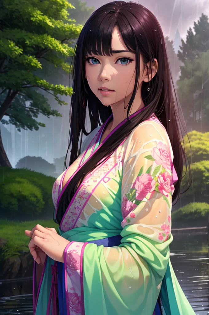 Heavy rain background、Field、in the forest、Walking in the river、On the run、In the fog、war (Highest quality,4K,8k,High resolution,masterpiece:1.2), Very detailed, (Realistic,Realistic,Realistic:1.37), High resolution, Hyper HD, Studio Lighting, Ultra-fine painting, Sharp focus, Physically Based Rendering, Very detailed説明, Professional, Vibrant colors, Bokeh, Sports Late Night, Ancient War Landscapes, Traditional Chinese Painting Techniques, Atmospheric lighting, Vivid color contrast, Ethereal atmosphere,Very detailed目と顔, Beautiful attention to detail, Light on the face,豪華なHanfu (Hanfu: 1.1),My whole body is wet、My clothes are wet and transparent、Nipples are visible、The nipples are pale pink、Dynamic pose、Rain clouds spreading across the sky、Heavy rain weather、Pouring rain、Wind and rain storm、((Soaked skin from head to toe))、((Rain-soaked clothes(Rain dripping from clothes))、((The lines of your body are clearly visible through your wet clothes...))、、Green Eyes、Tired look、Disheveled clothing、Slim figure、Small breasts