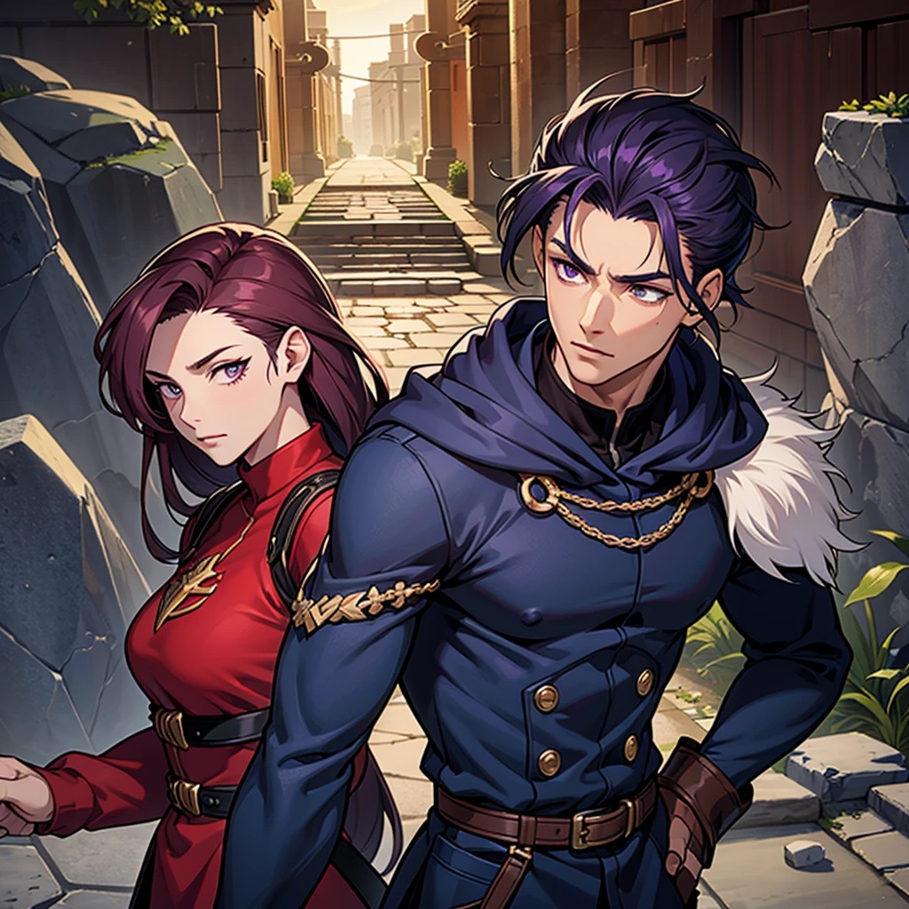 (masterpiece), best quality, expressive eyes, perfect face, navy and grey red clothes, burgundy hair, purple eyes, Ophiuchus, runic, rogue, short pompadour hairstyle. androgynous, male, long neck, broad shoulders, rock man, earth elemental, man made of rock, stone man, chiseled, sculped, anime, grey skin, brown skin, focused, dark complexion, African, Mediterranean, cracks on skin, hood on, made of stone, stone skin,