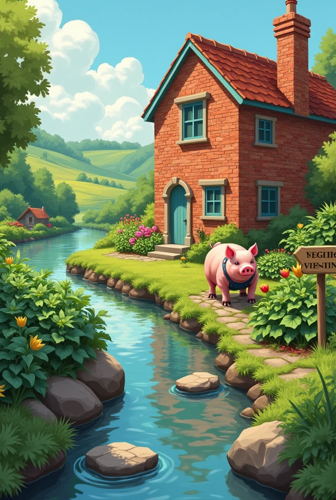 After a stream with three stones a big beautiful brick house a hardworking adult pig in overalls , picks vegetables in a garden next door