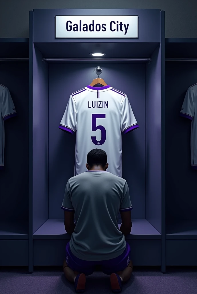 football locker room with a football player&#39;s cabin in this cabin there will be a white shirt with purple details (minimalists) on the collar and at the tip of the sleeve the shirt must be showing the back with the name LUIZIN highlighted and the shirt number must be number 5, the cabin at the top must contain the name of the club which is GALADOS CITY, all ambient light must be off, only the light of the sign with the name GALADOS CITY and a low light above the shirt indicating prominence must be on, and other shirts on the side.The image should be centered and not too far away) and the player with slightly dark skin, short straight black hair and a beard showing that he cares about the current fashion style must be wearing pre-game clothes different from the shirt that is hanging in the locker room, the one he is wearing is gray with purple details on the sleeve and collar of the shirt and on the shorts, the player in the image must be on his knees with his head down (indicating pre-game concentration)
