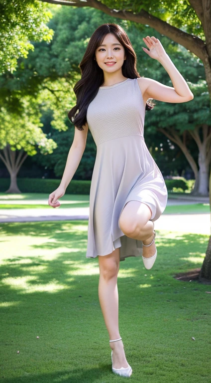 detailed,clear lines,best quality, master piece、Canon Photo Crystal Clear ,（realistically:1.2）, (olive casual dress)、action pose、((raise your leg and kick))、Take a full body photo、smile、Glamour body type、medium long hair、at the park