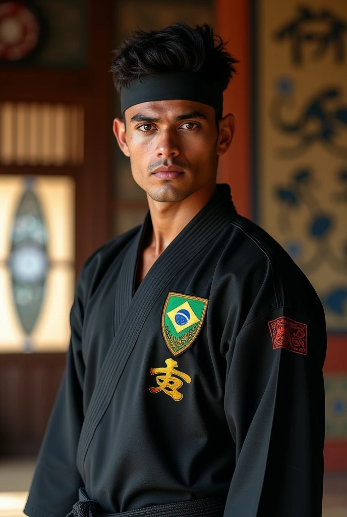 **Features for AI to generate a photo:**
(real-life)
aged 21, short black hair, he is very handsome, wearing a black Cobra Kai kimono and a black band on the forehead on the shoulder part of the kimono has a flag of 🇧🇷. he's brunette, and he is Brazilian 🇧🇷, has brown eyes. The background is a karate environment, like a dojo with tatami mats and traditional decor.