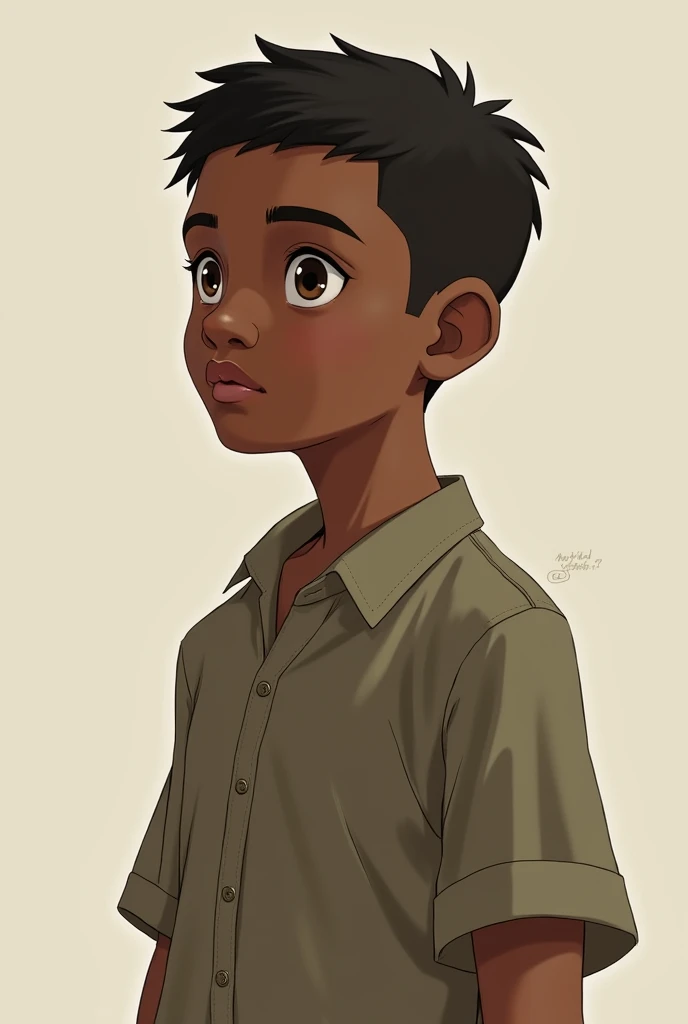 A boy with short hair without design, dark-skinned, medium lips, eyes browns, standing, 70 kg.
